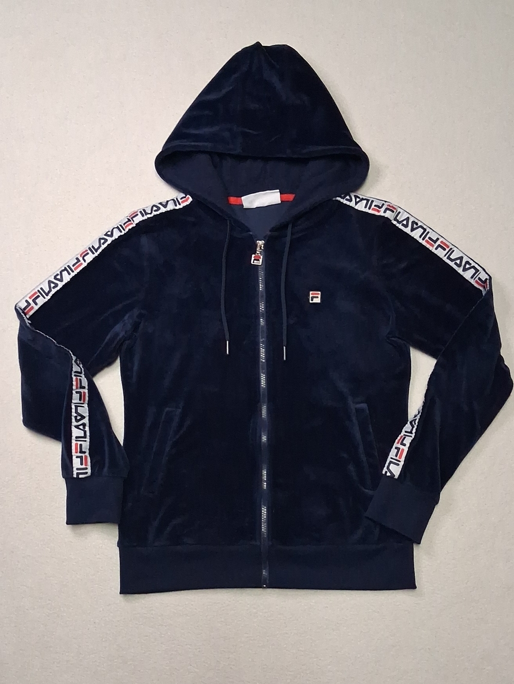 Fila Kids Navy Velour Zip-Up Hoodie with Logo Tape